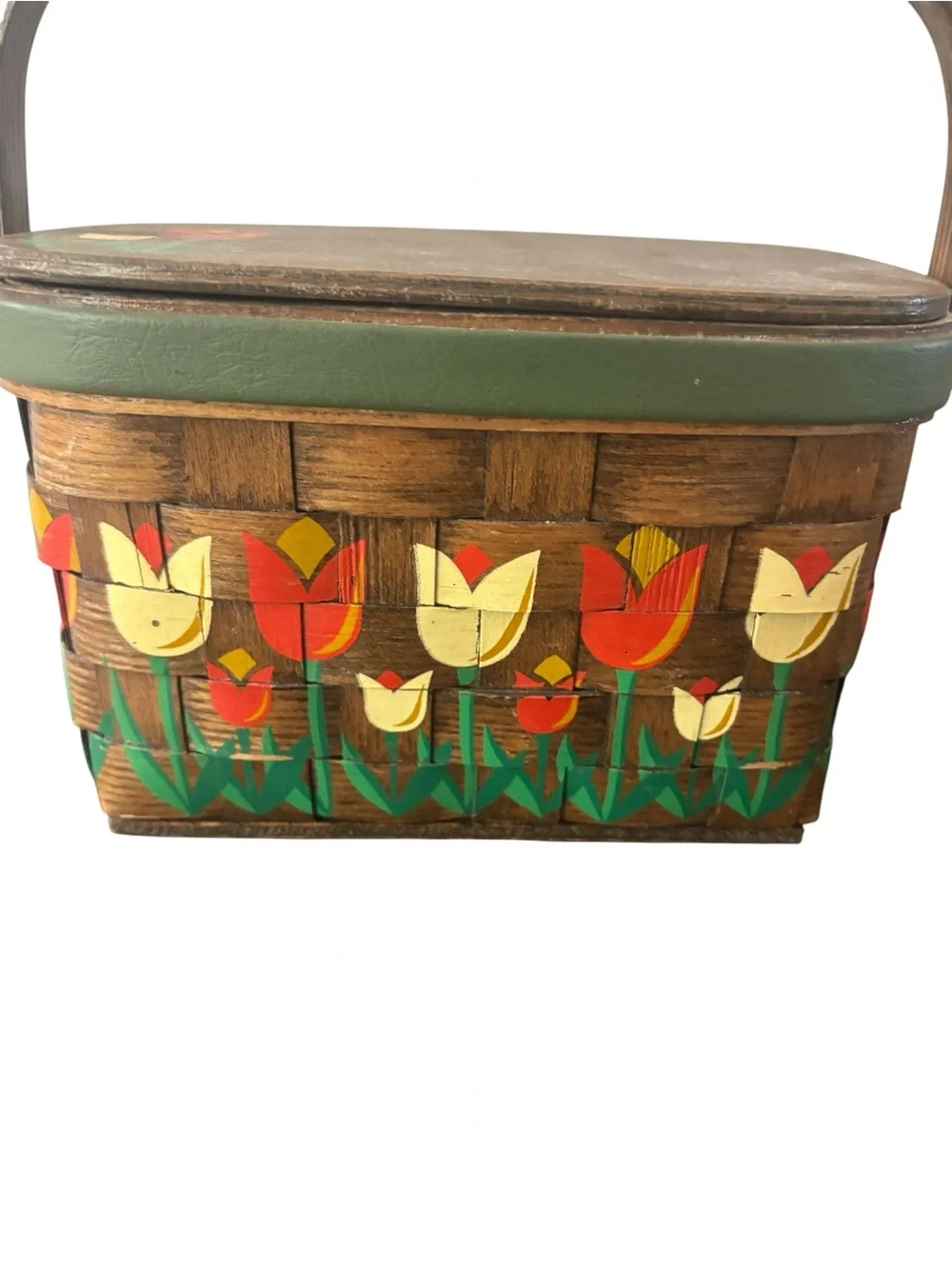 Caro Nan Wooden Picnic Basket Purse VTG Lined Hand Painted Signed Tulips
